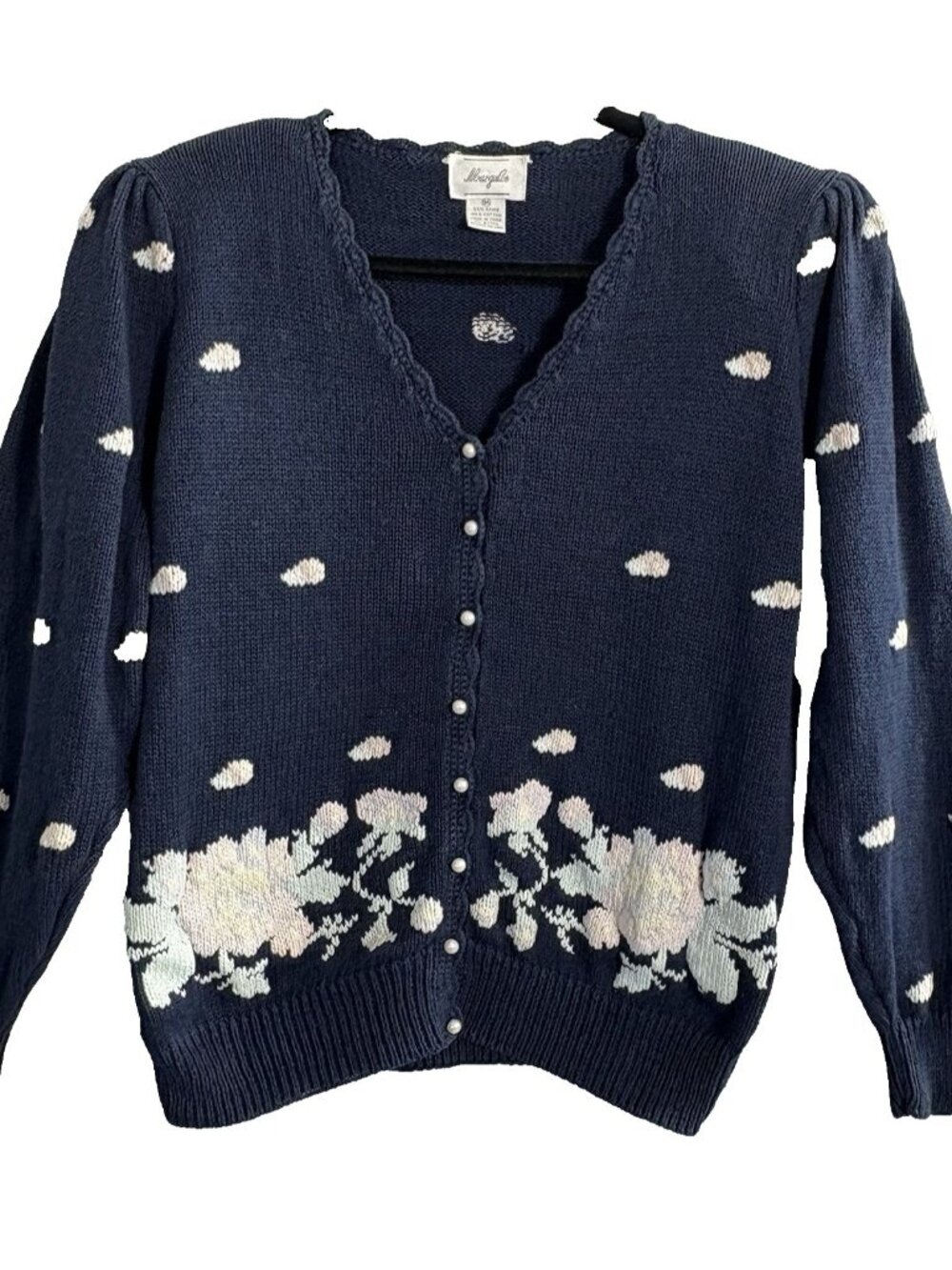 Vtg MARGUILES Women Cardigan Embroidered Floral Sweater Sz M Blue Cottage 92-8